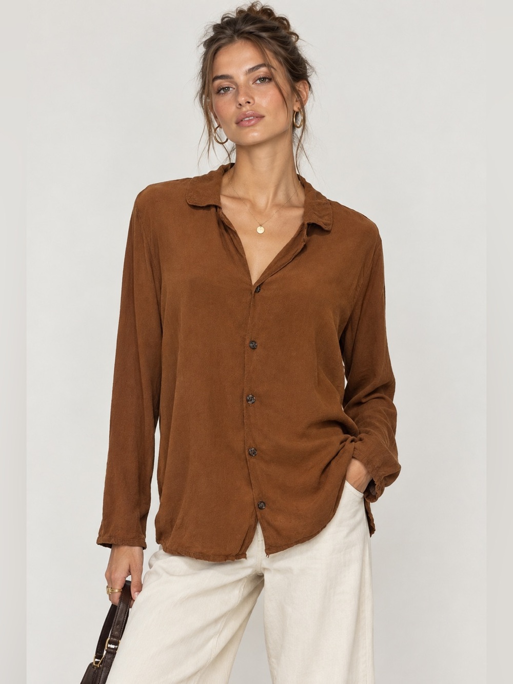 Vintage CP Shades Button Down Blouse Medium Lagenlook Minimalist Brown Fall 90s